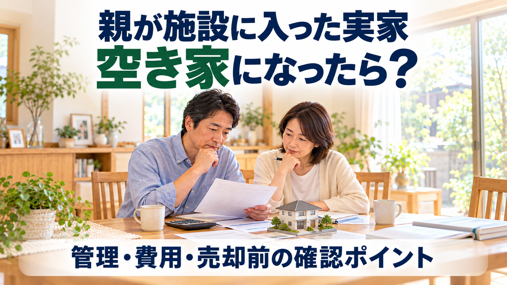 家の模型や書類を前に、親の施設入所後の実家の管理と費用を落ち着いて検討する子世代の男女。「親が施設に入った実家 空き家になったら？」のタイトル入り画像